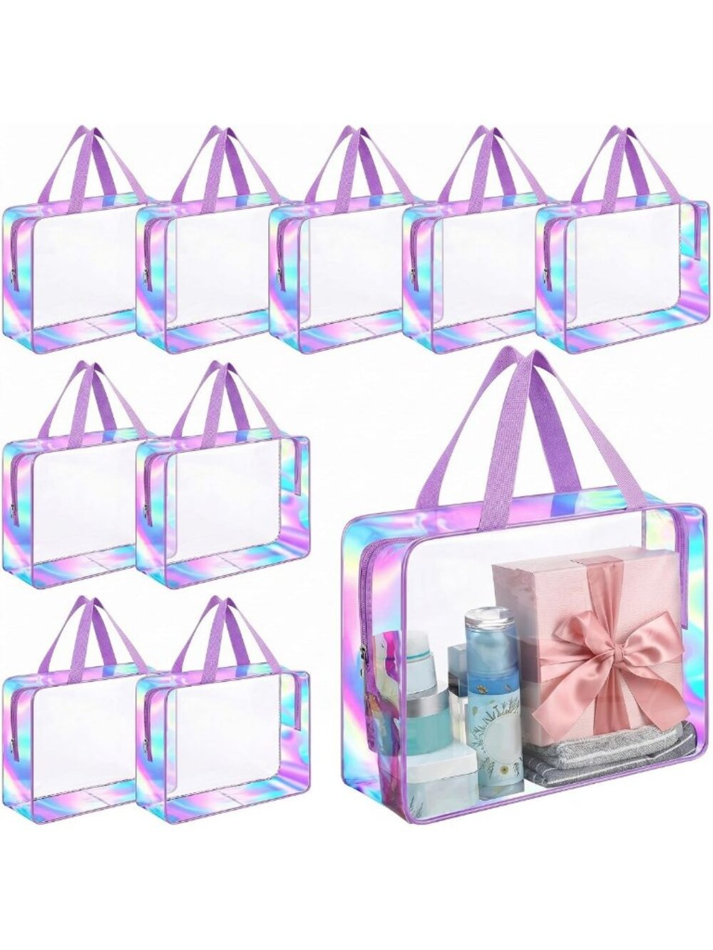 10 Pcs Clear Makeup Bags with Handle - Large Toiletry Organizer in Purple